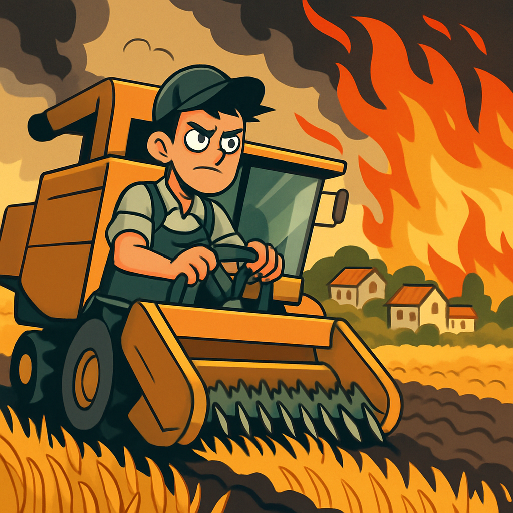 Молодой житель Килани со своим частным комбайном и по собственной инициативе создал решающую зону разрыва огня