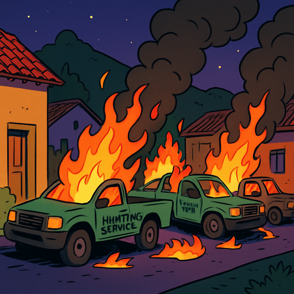 At night in the village of Evrichou, hunting service cars caught fire