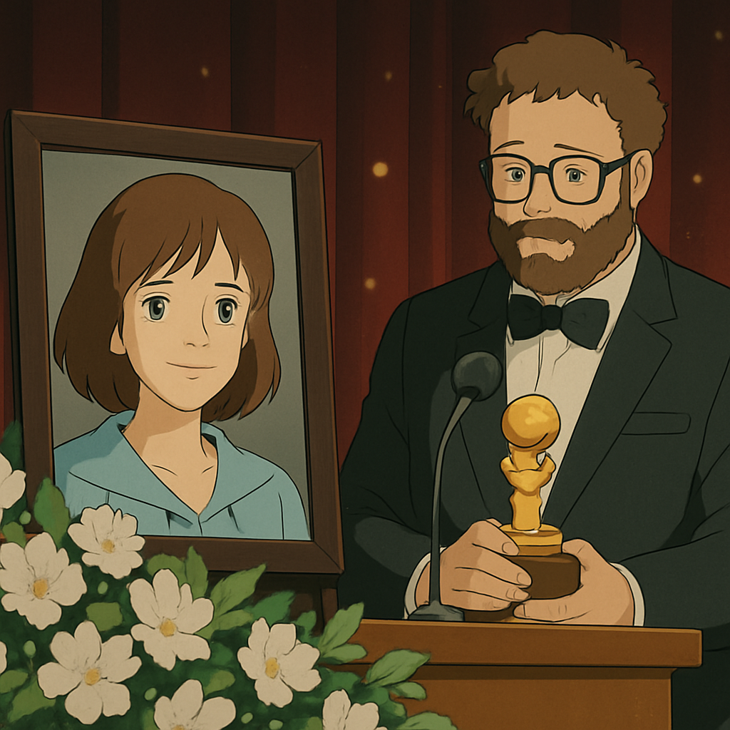 The actress who died in January won for “The Studio,” and her co-star Seth Rogen remembered working with her as he accepted on her behalf