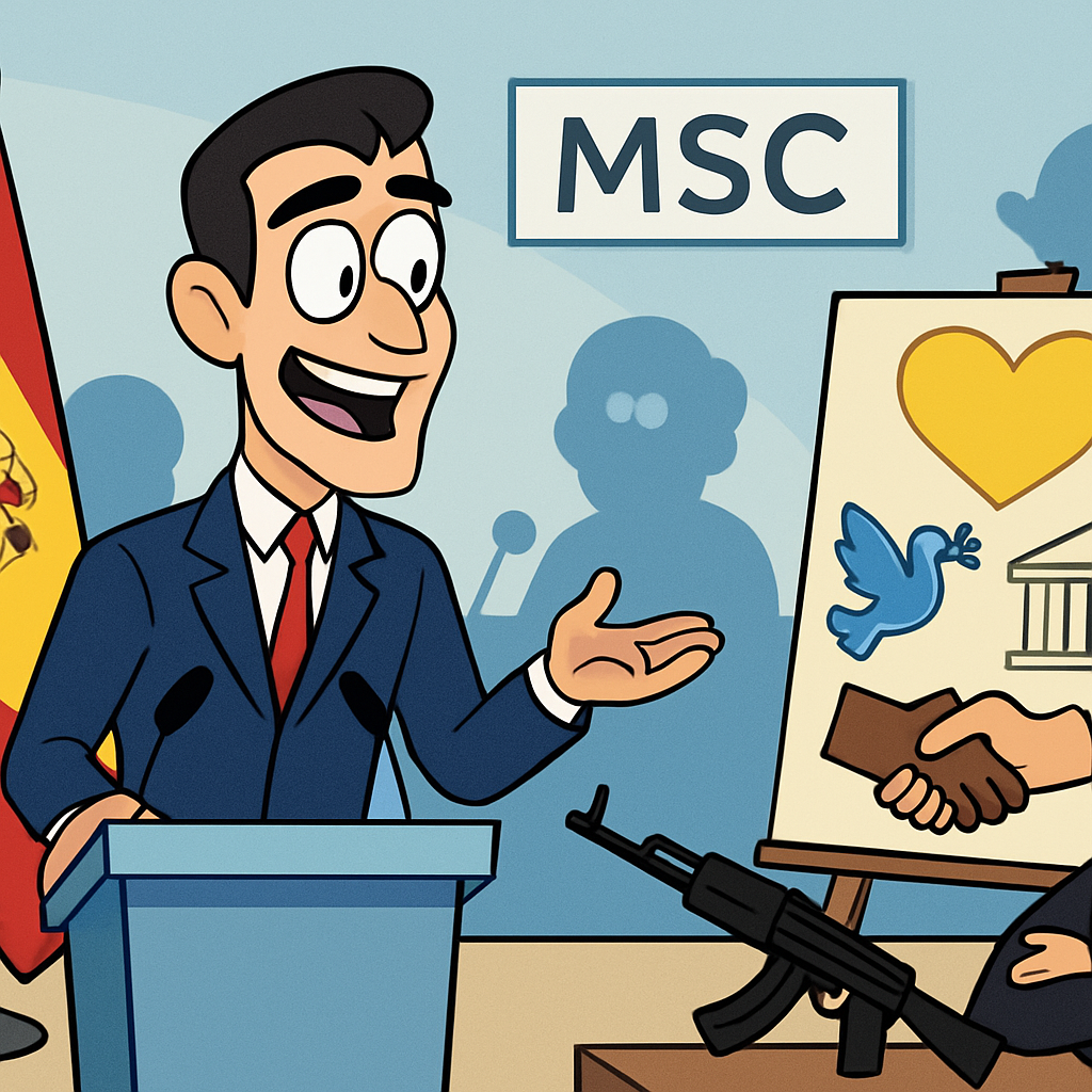 The Spanish president participates in the Munich Security Conference for the first time and questions the rearmament strategies of the powers