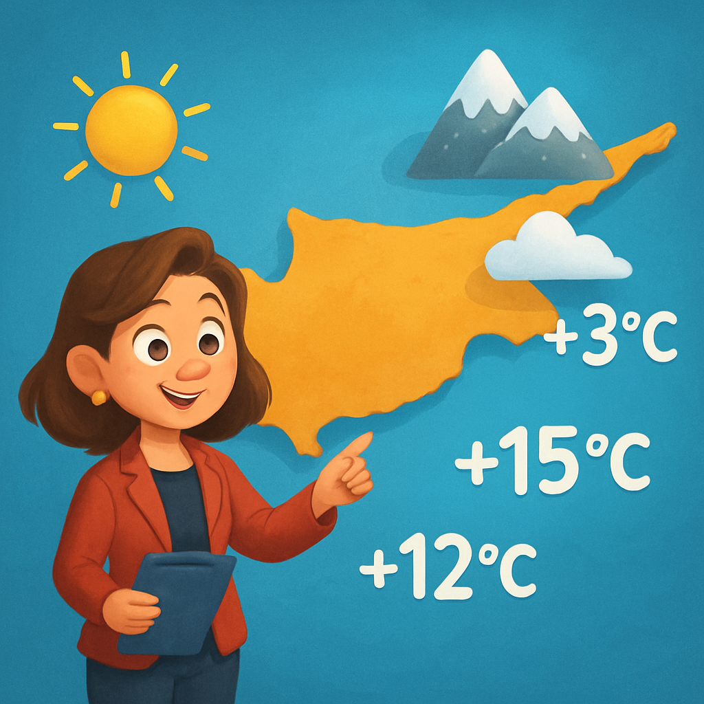 Today in Cyprus it is up to +12C inland, +15C on the coast, and +3C in the mountains