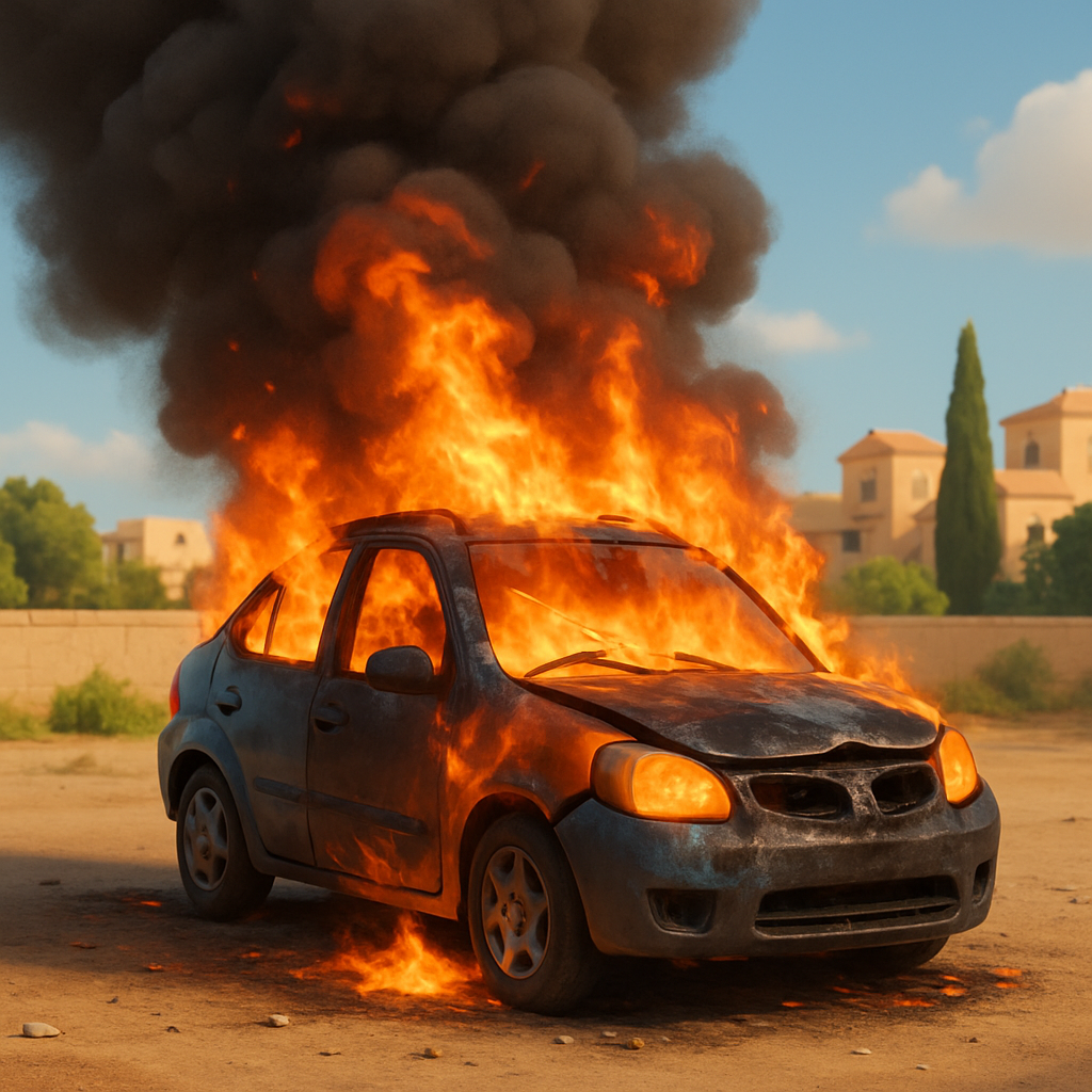 In Geroskipou (Paphos), a car parked in an open area caught fire