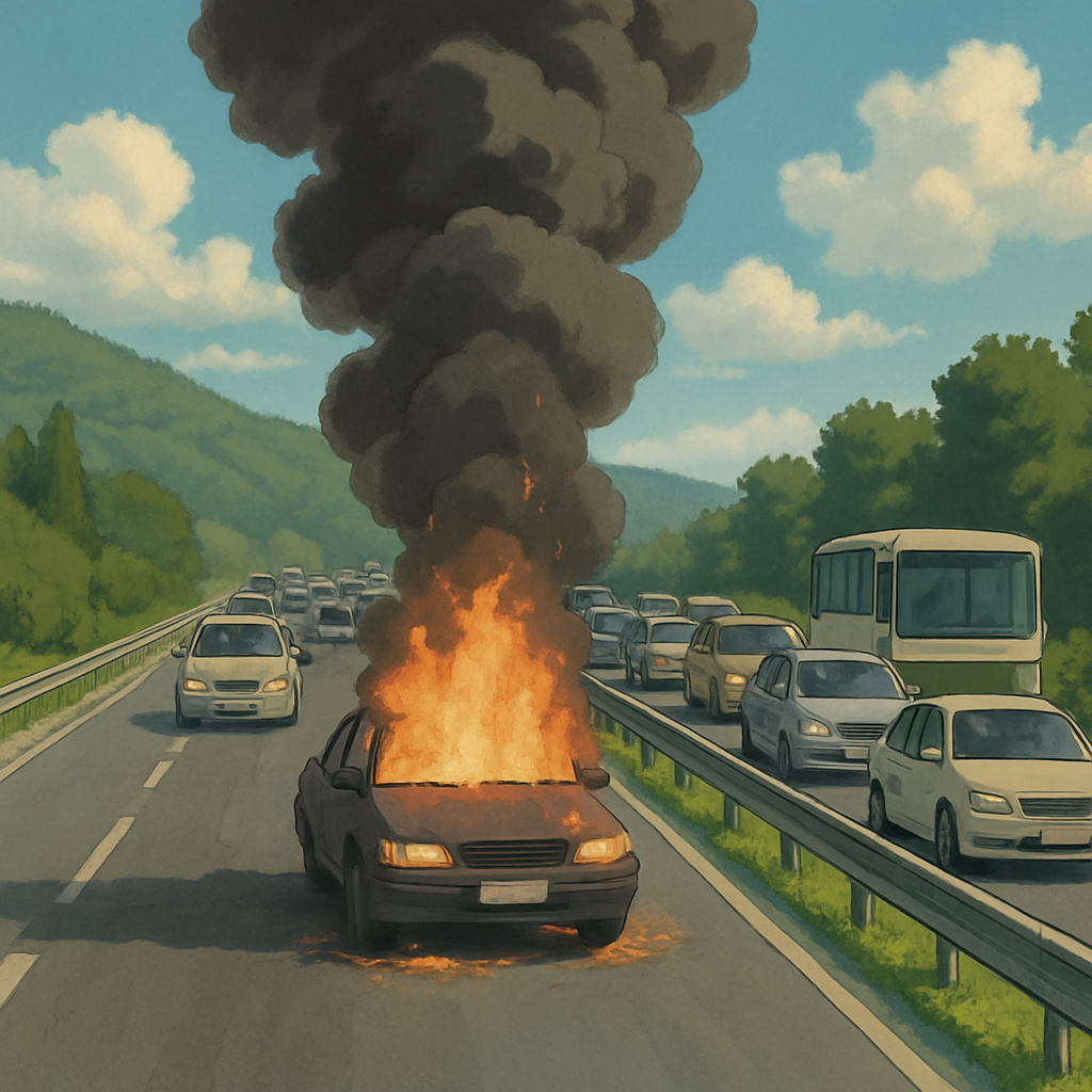 На хайвее Никосия-Лимассол, недалеко от съезда на Корнос, загорелся автомобиль, из которого валит густой дым, что привело к образованию пробок