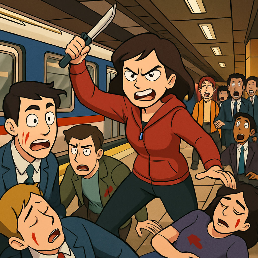 The woman stole a knife from a drug store and attacked passengers waiting on a platform in the busy station during the Friday evening rush hour, severely injuring at least four of her victims