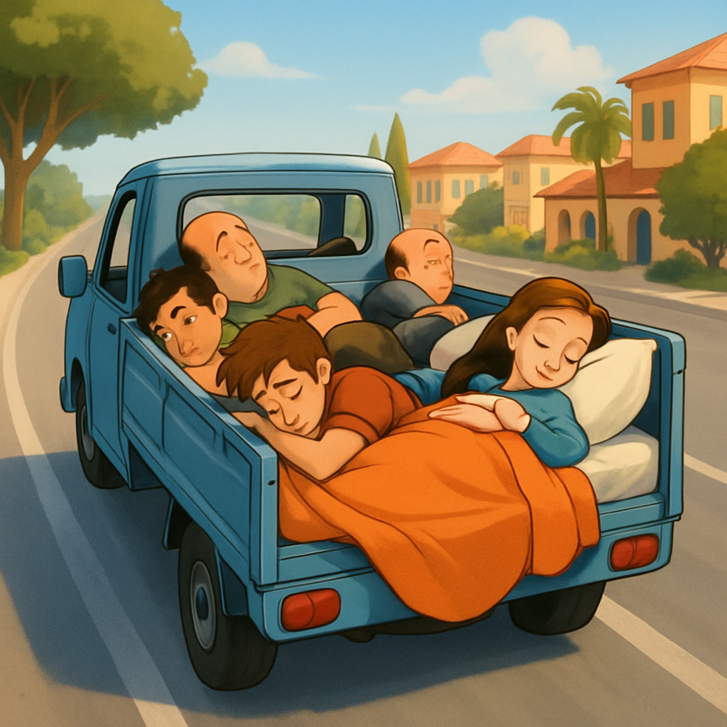 On the road in Limassol, a scene was captured where people are sleeping in the back of a moving truck