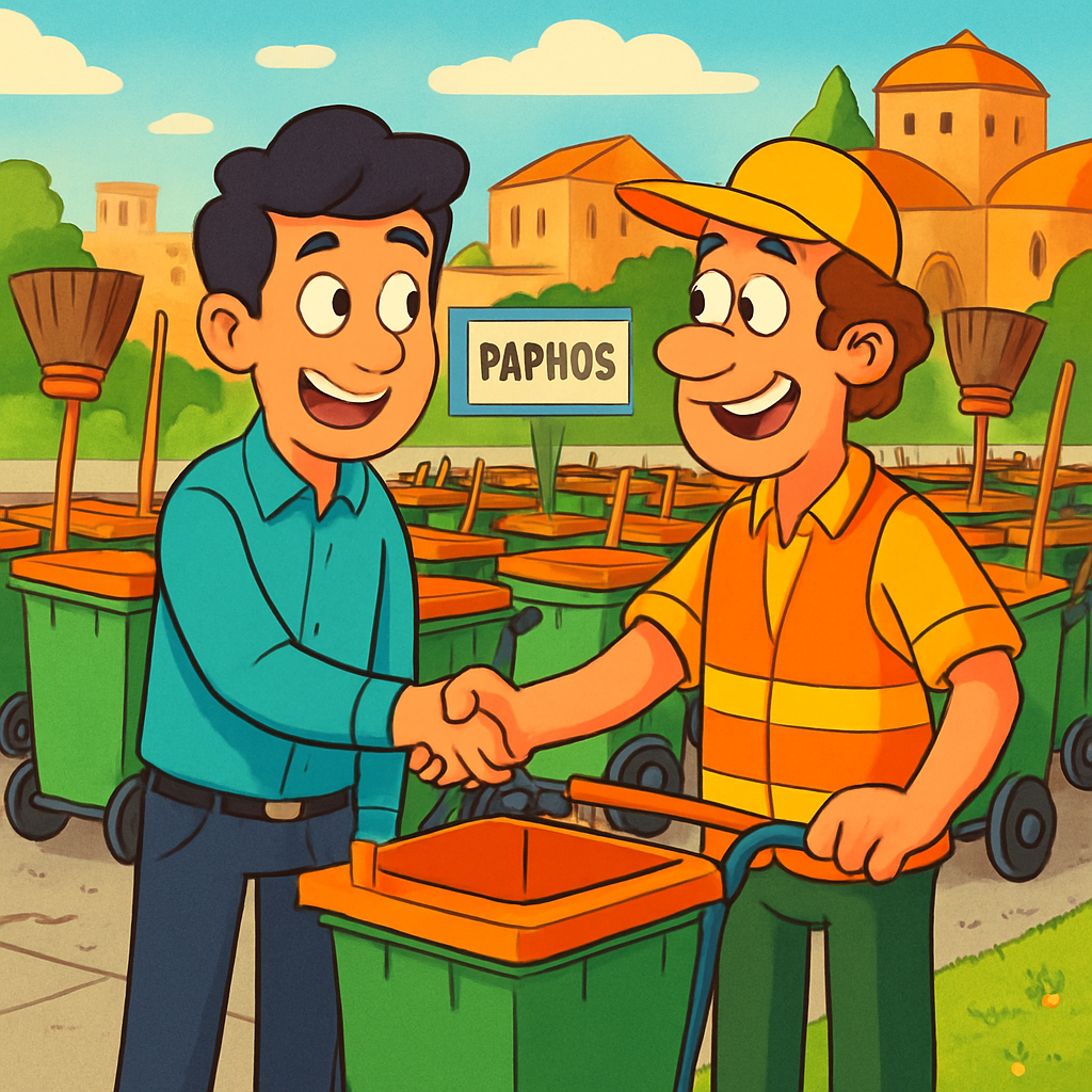 Alexandros Jiang, un chipriota de origen chino, donó 14 carritos de limpieza al municipio de Paphos para ayudar a mantener la ciudad limpia