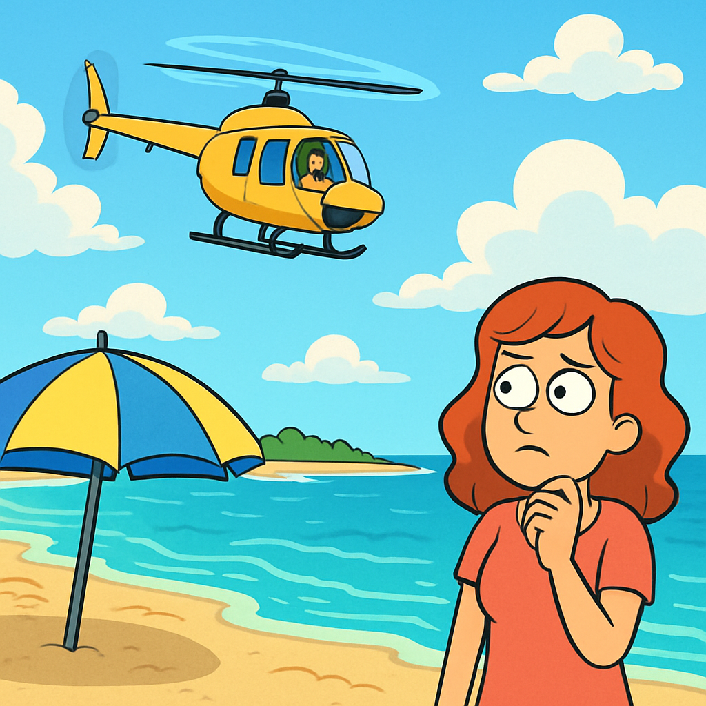 Над морем у пляжа Макрониссос кружит вертолет, улетает и снова возвращается