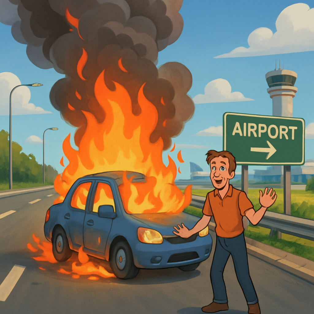 A moving car caught fire on the road near Larnaca airport