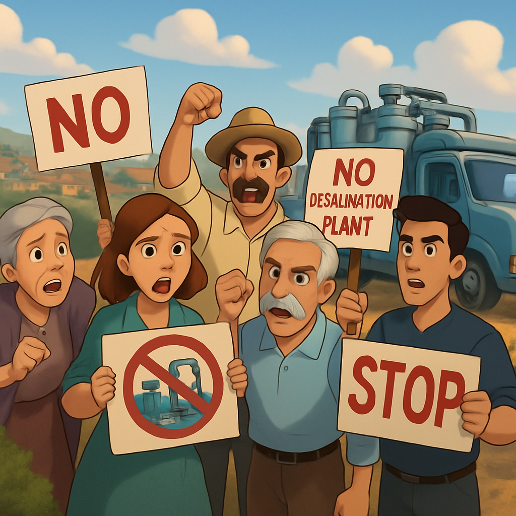 In Mazotos, local residents held a protest against plans to install a mobile desalination plant in the area