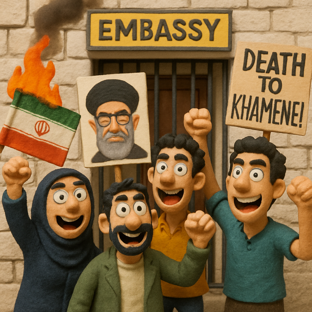 Los iraníes que viven en Chipre se reunieron el domingo frente a la embajada en Nicosia para celebrar la muerte del Líder Supremo Jomeini, quien fue asesinado durante una serie de ataques estadounidenses-israelíes en Irán