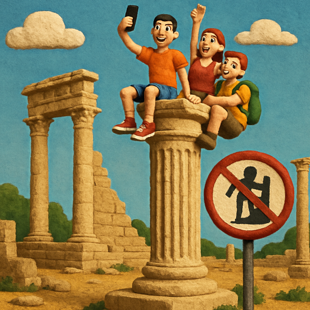 В святилище Аполлона в районе Лимассола туристы взобрались на вершину памятника, чтобы сфотографироваться, нарушив правила охраны археологического объекта