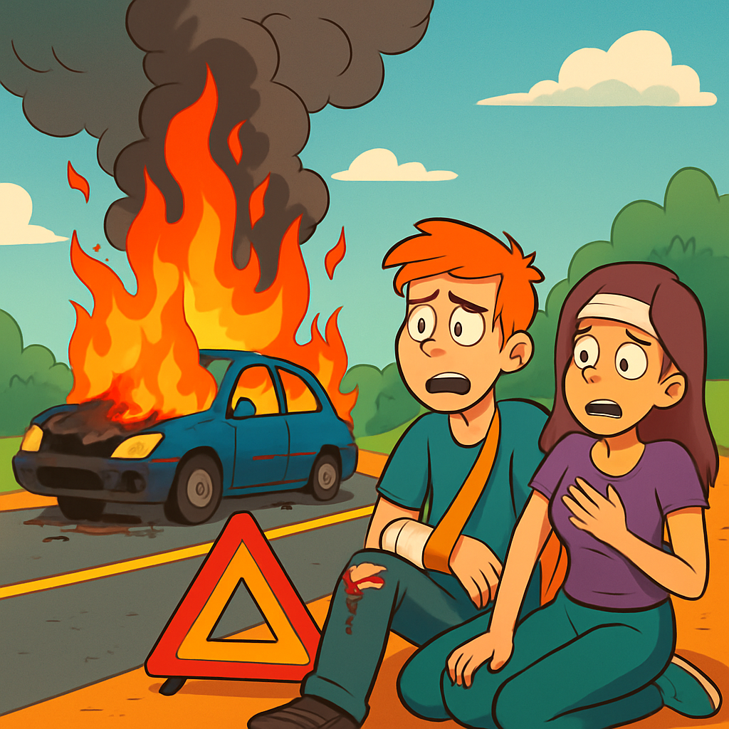 As a result of a major accident on the Limassol–Nicosia road, a car burned down and two young people were injured