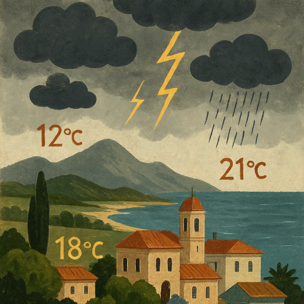 On Friday in Cyprus, it will be mostly cloudy, with local rain and thunderstorms