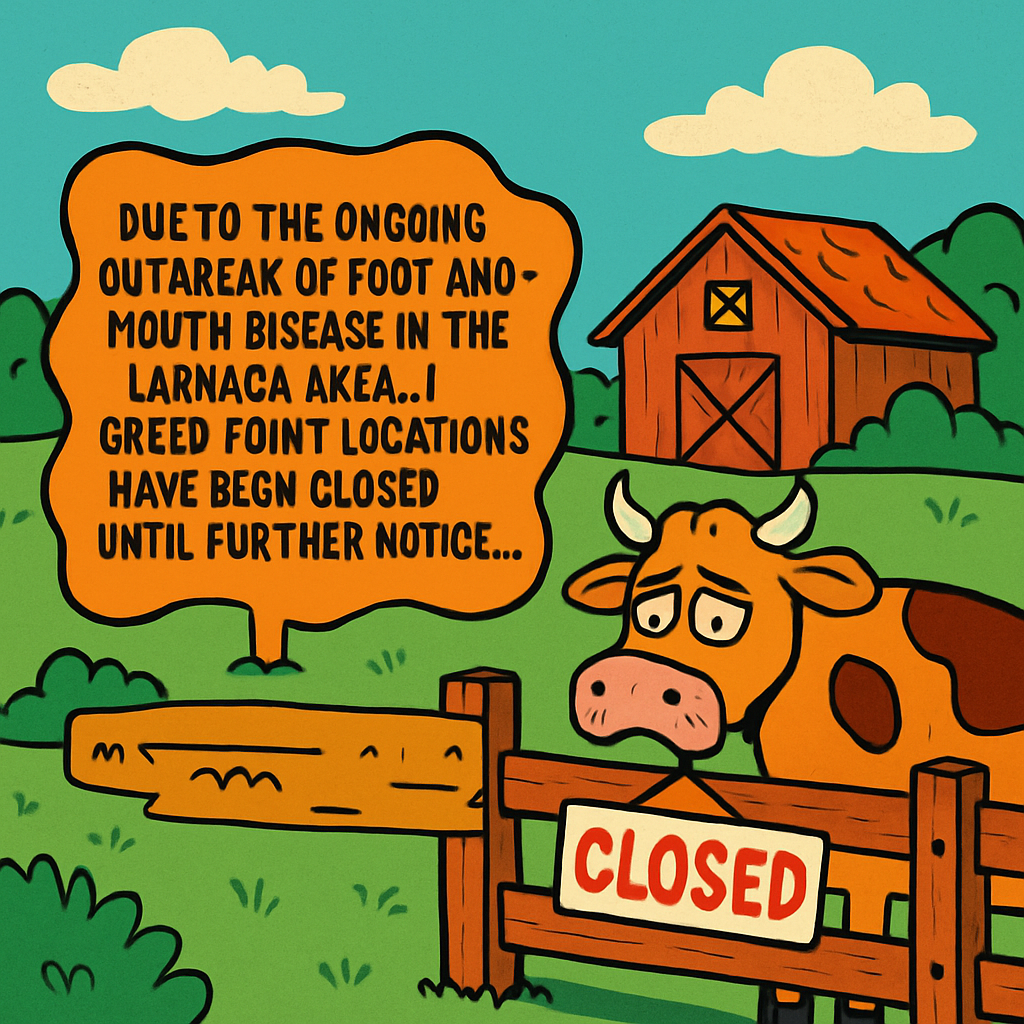 Debido al brote en curso de fiebre aftosa en el área de Larnaca, 7 puntos Green Point han sido cerrados hasta nuevo aviso