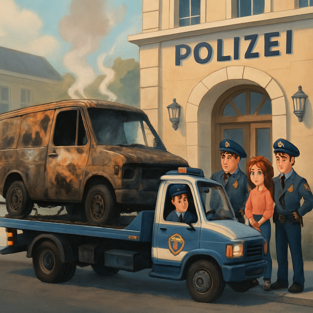 Сгоревший фургон преступников привезли в полицейский участок в Гермасойю