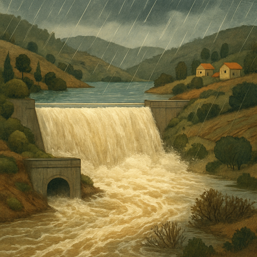 The reservoir in Pomos overflowed after recent heavy rains in the region, although overall water reserves in Cyprus remain critically low