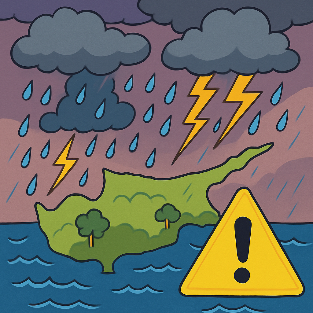 The meteorological service has issued a 'yellow' warning for rains and thunderstorms expected in Cyprus from 18:00 Tuesday to 8:00 Wednesday