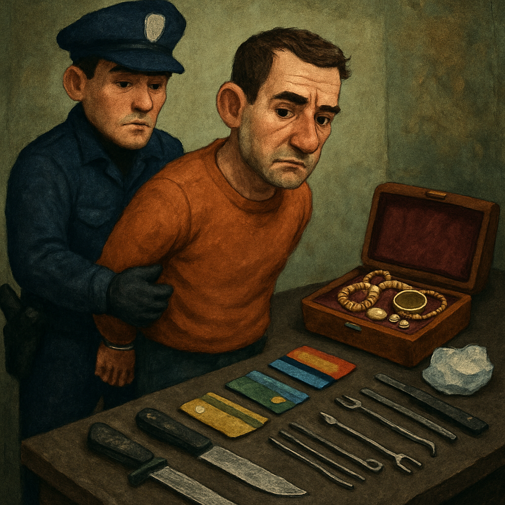 Под Никосией арестовали мужчину, у которого обнаружили множество ювелирных изделий, несколько банковских карт на чужие имена, два ножа, инструменты для взлома, а также кристаллическое вещество, предположительно наркотики