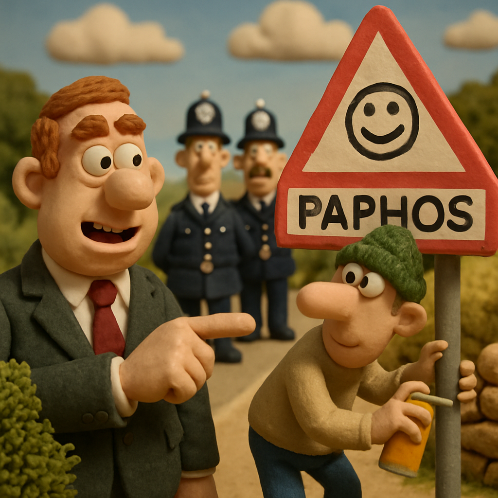 The mayor of Paphos published a video showing a fan painting graffiti on a road sign